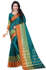 Womens Rama Color Cotton Silk Saree With Plain With Jari Border Work