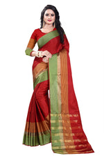 Womens Red Color Cotton Silk Saree With Plain With Jari Border Work
