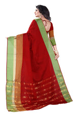 Womens Red Color Cotton Silk Saree With Plain With Jari Border Work
