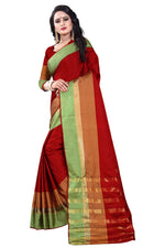 Womens Red Color Cotton Silk Saree With Plain With Jari Border Work
