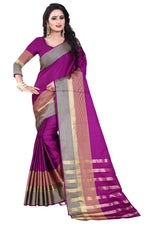Womens Wine Color Cotton Silk Saree With Plain With Jari Border Work