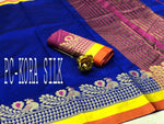 Womens Navy Color Kora Silk Saree With Chit Pallu Work