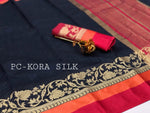 Womens Black Color Kora Silk Saree With Chit Pallu Work