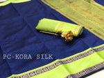 Womens Navy Color Kora Silk Saree With Chit Pallu Work