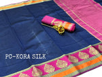 Womens Navy Color Kora Silk Saree With Chit Pallu Work