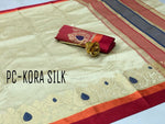Womens Golden Color Kora Silk Saree With Chit Pallu Work