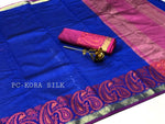 Womens Blue Color Kora Silk Saree With Chit Pallu Work