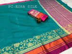 Womens Rama Color Kora Silk Saree With Chit Pallu Work