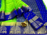 Womens Parrot Color Pure Tusser Silk Saree With Butti Work