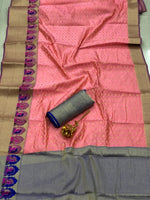Womens Peach Color Soft Cotton Silk Saree With Zari Work