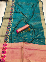 Womens Rama Color Soft Cotton Silk Saree With Zari Work