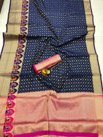 Womens Navy Color Soft Cotton Silk Saree With Zari Work