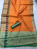 Womens Orange Color Soft Cotton Silk Saree With Zari Work