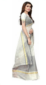 Chanderi Cotton White Color Plain Saree in crepe pattern With Blouse