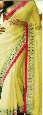 Womens Yellow Color Georgette Saree With Fancy Codding Lace Work
